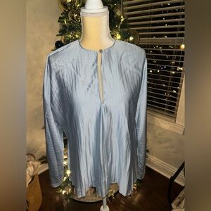 NEW Vince Crushed Pleated Blouse in Light Slate Gray/Cerulean Blue Sz M